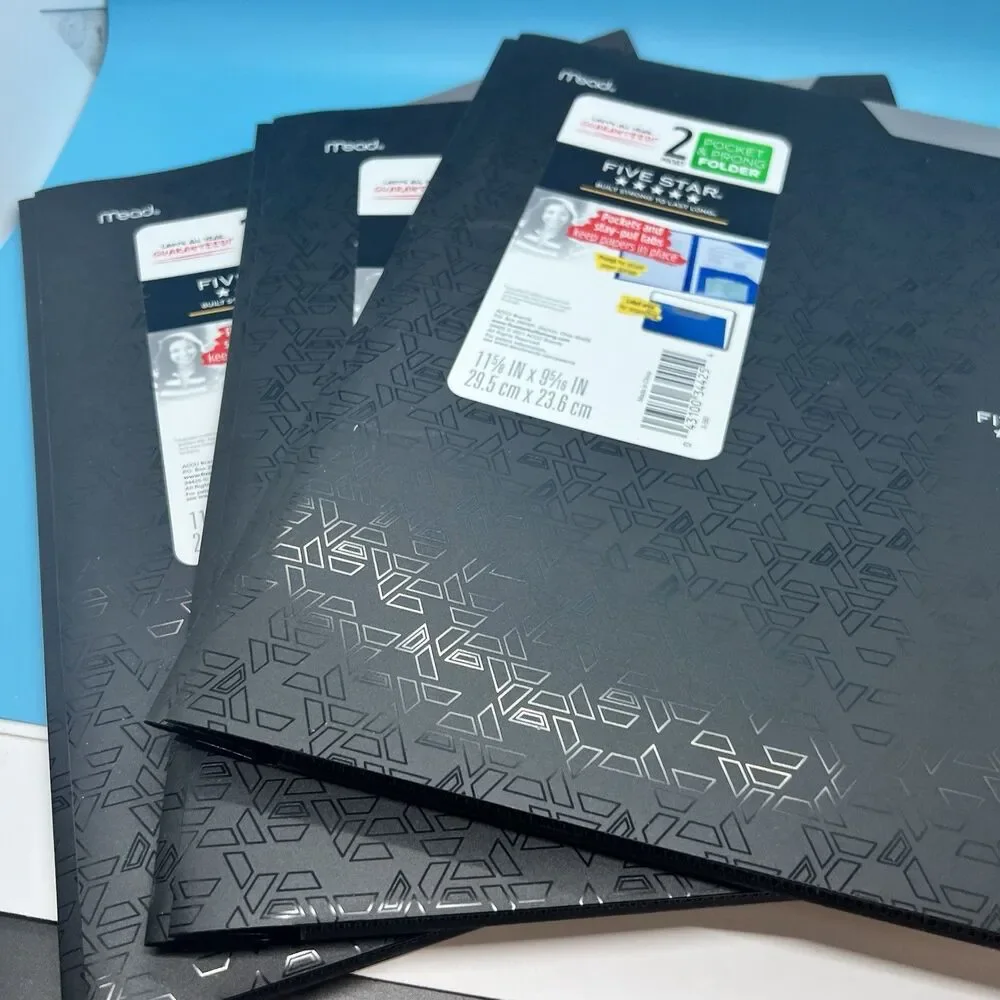 3 Five Star Black Pocket Folder plastic Prong Fasteners Stay-Put Folder Black